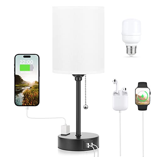 Small Bedside Table lamp for Bedroom - 3 Color Lamps with USB C and A Ports