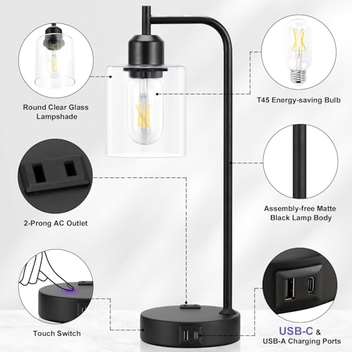 Industrial Touch Table Lamps for Bedrooms Set of 2 - 3-Way Dimmable Nightstand Lamps with USB C+A Ports and Outlet