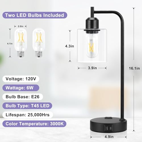 Industrial Touch Table Lamps for Bedrooms Set of 2 - 3-Way Dimmable Nightstand Lamps with USB C+A Ports and Outlet