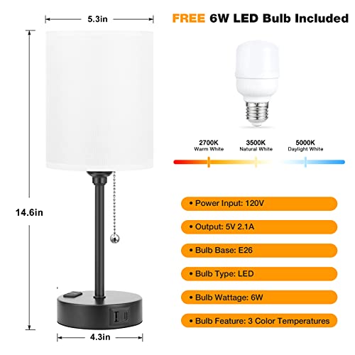 Small Bedside Table lamp for Bedroom - 3 Color Lamps with USB C and A Ports