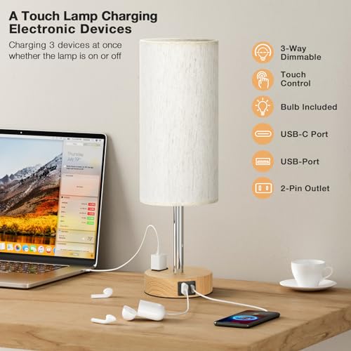 Fenmzee Bedside Table Lamp for Bedroom - 3 Way Dimmable Touch Lamp USB C Charging Ports and AC Outlet