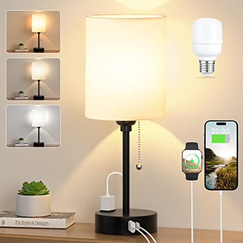 Small Bedside Table lamp for Bedroom - 3 Color Lamps with USB C and A Ports