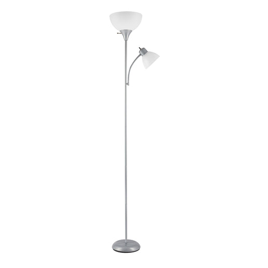 Globe Electric 67134 72" Torchiere Floor Lamp + Adjustable Reading Light, Silver, Frosted Plastic Shade, 3-Step Rotary Switch on Socket