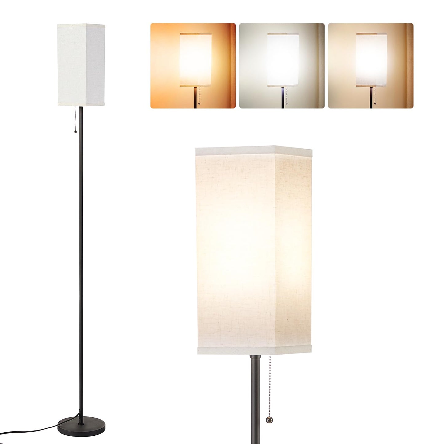 Tall Floor Lamp with Linen Shade 3 Color Temperature Black LED Bulbs