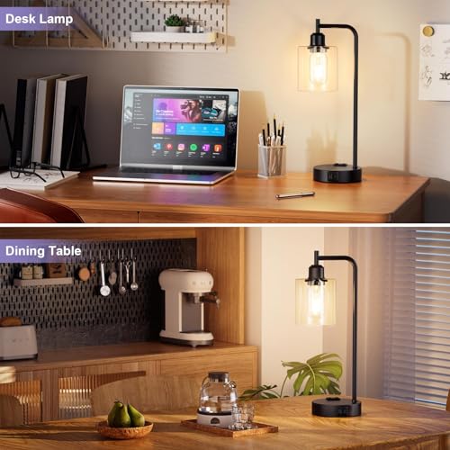 Industrial Touch Table Lamps for Bedrooms Set of 2 - 3-Way Dimmable Nightstand Lamps with USB C+A Ports and Outlet