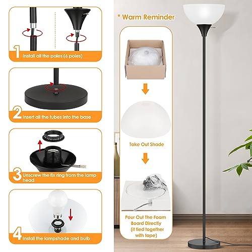 Coucrek Floor Lamp, LED Standing Lamps with White Plastic Shade, Black Modern