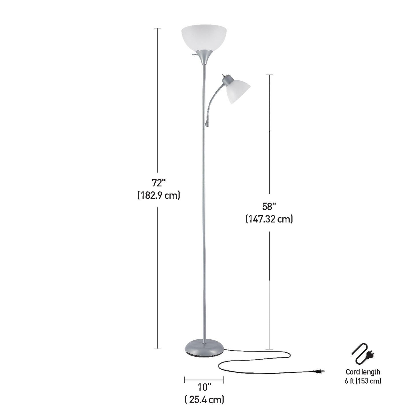 Globe Electric 67134 72" Torchiere Floor Lamp + Adjustable Reading Light, Silver, Frosted Plastic Shade, 3-Step Rotary Switch on Socket