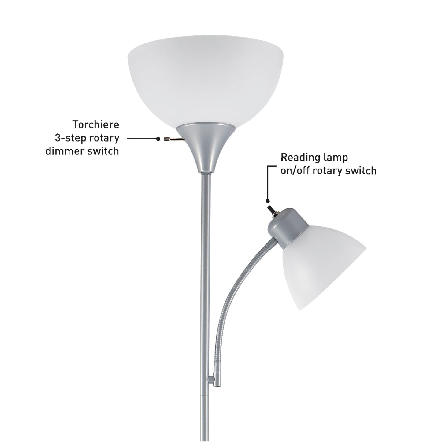 Globe Electric 67134 72" Torchiere Floor Lamp + Adjustable Reading Light, Silver, Frosted Plastic Shade, 3-Step Rotary Switch on Socket