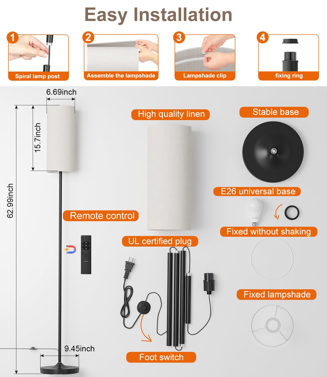 LED Floor Lamp for Living Room, Dimmable Standing Lamps with Foot Switch, Remote Custom Color