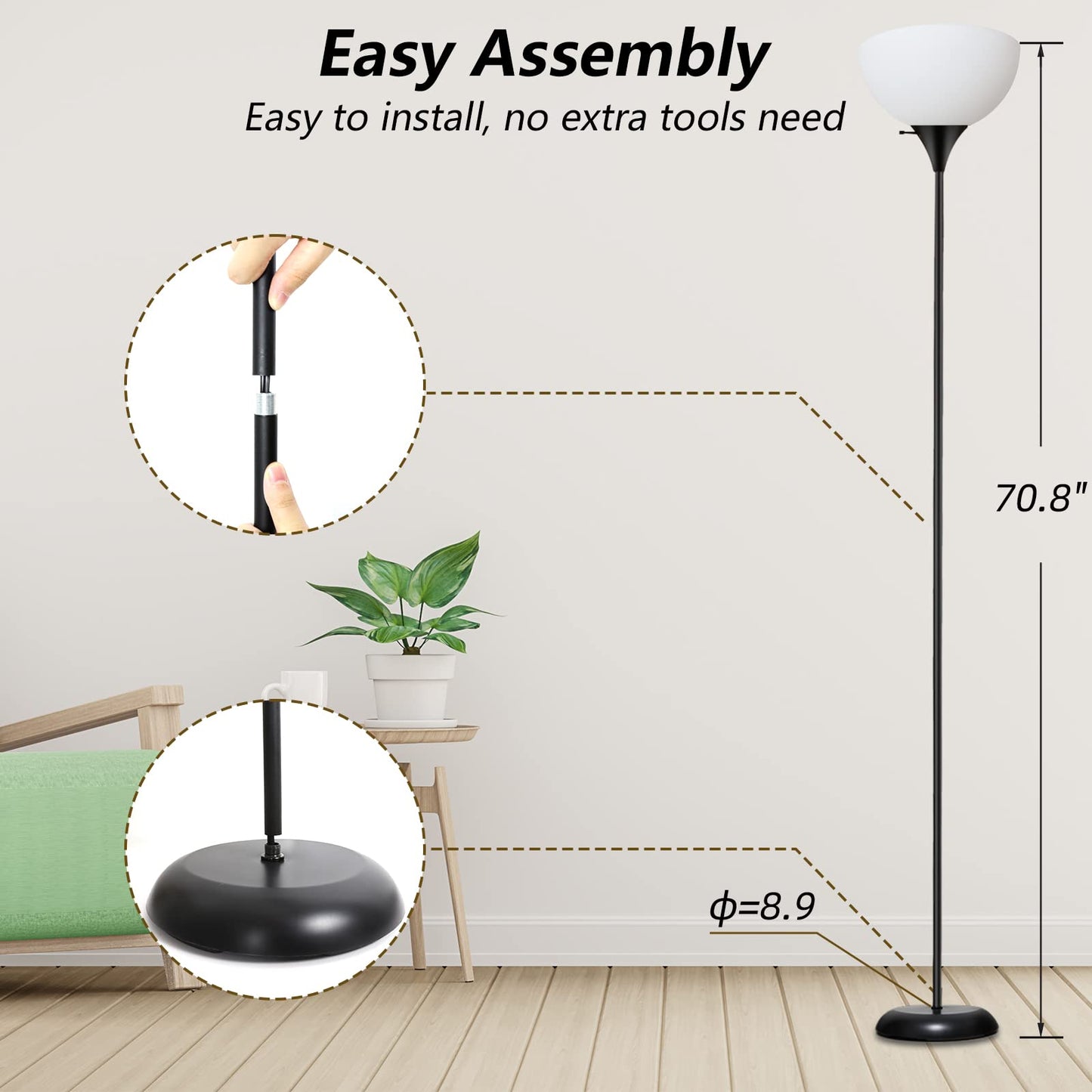 Led Floor Lamps for Living Room, Drop-Resistant White Lampshade, Rotary Switch