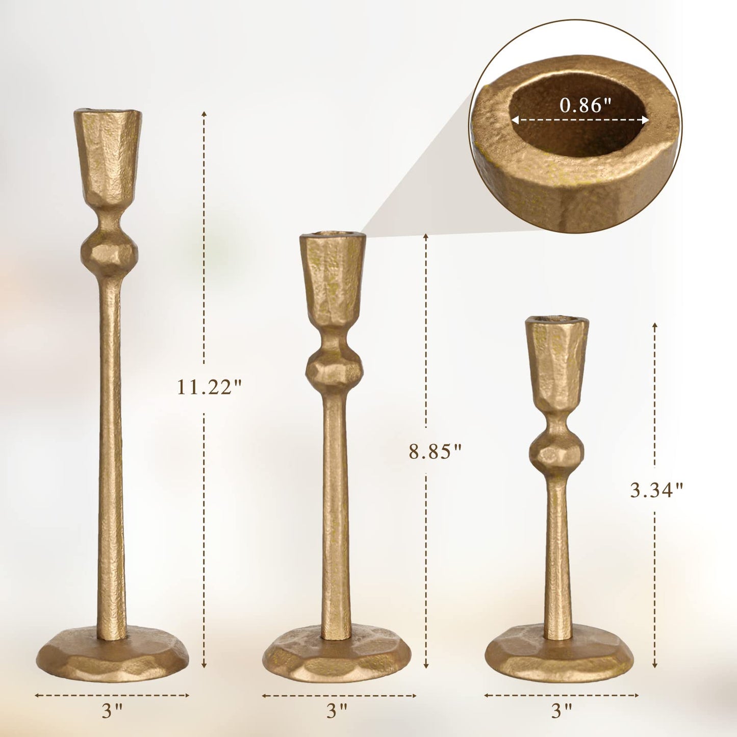 Brass Iron Taper Candle Holder - Set of 3 Decorative Candle Stand, Candlestick Holder for Wedding