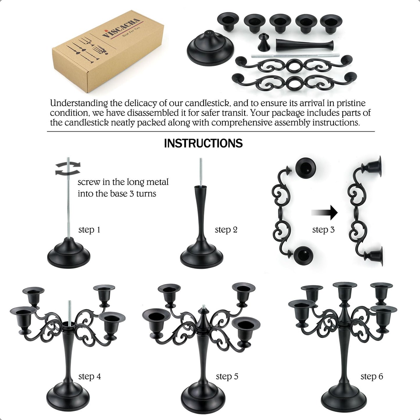 Metal Candle Holder 5 Arms Pure Black Candle Holders for Pillar Candles（10.6 inch Tall Candlestick Holders