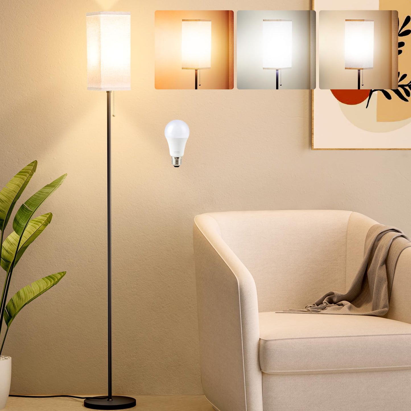 Tall Floor Lamp with Linen Shade 3 Color Temperature Black LED Bulbs