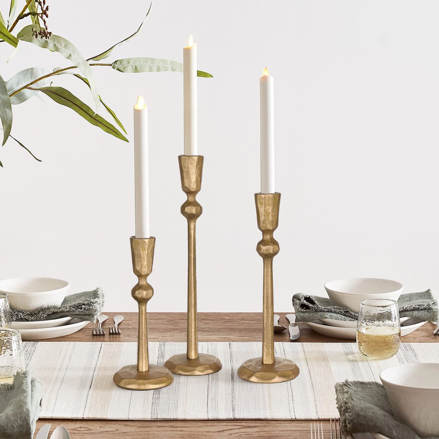 Brass Iron Taper Candle Holder - Set of 3 Decorative Candle Stand, Candlestick Holder for Wedding