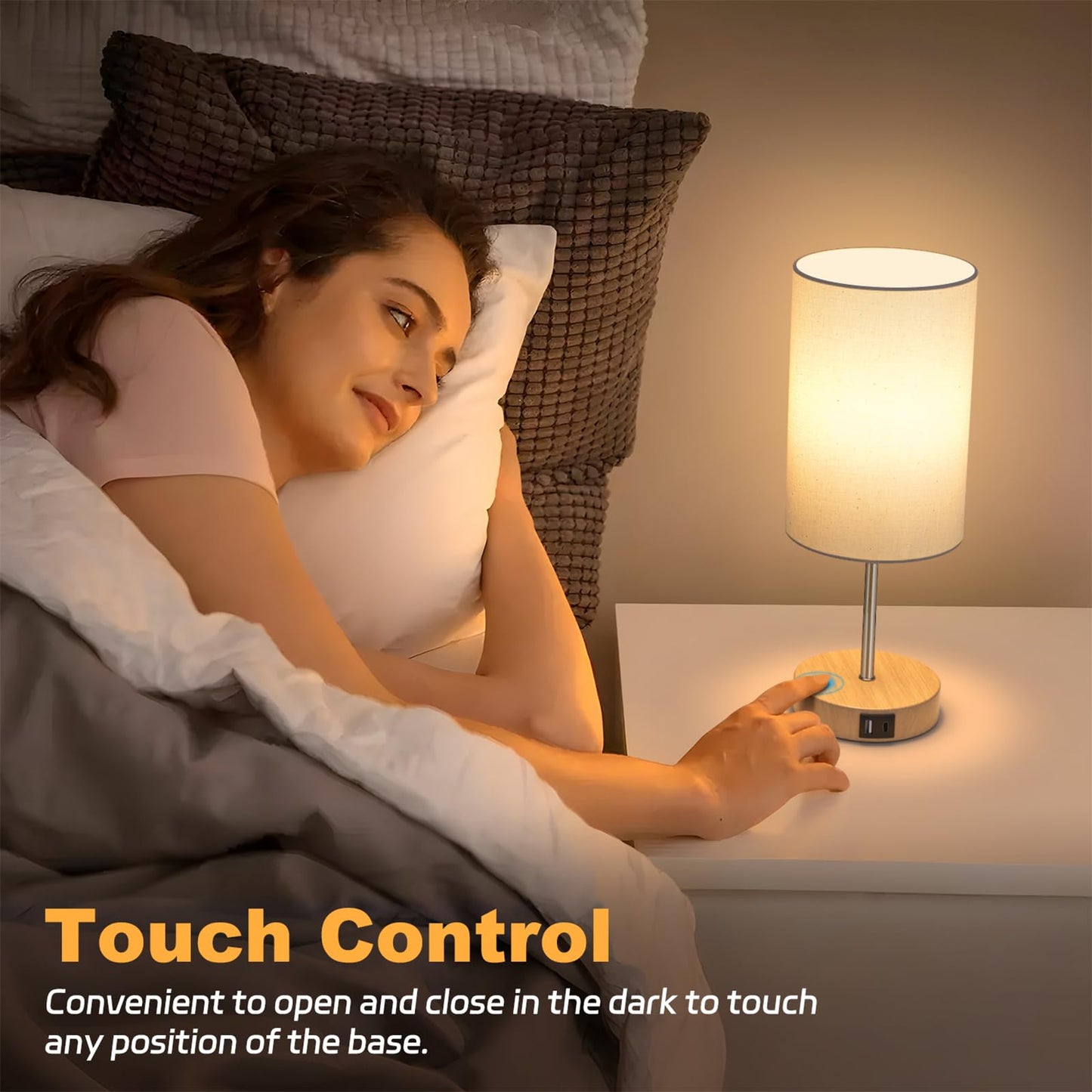 Table Lamp for Bedroom, 3 Way Dimmable Touch Lamp with Dual Charging Station