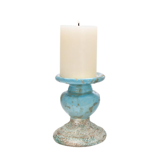 Creative Co-Op Small Distressed Blue Terracotta Pillar Candle Holder