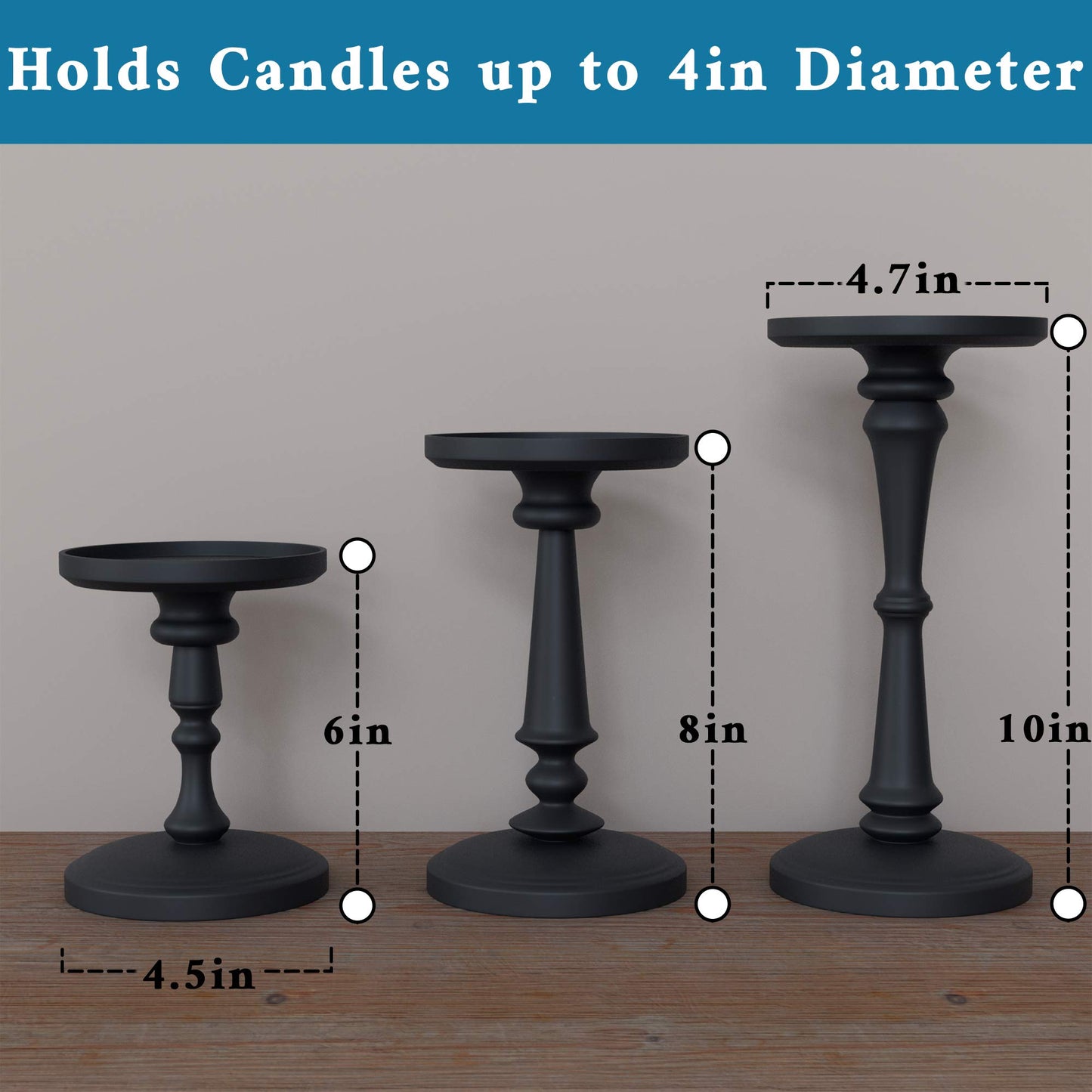 Matte Black Candle Holders Set of 3 - Metal Candle Holders for Pillar Candles