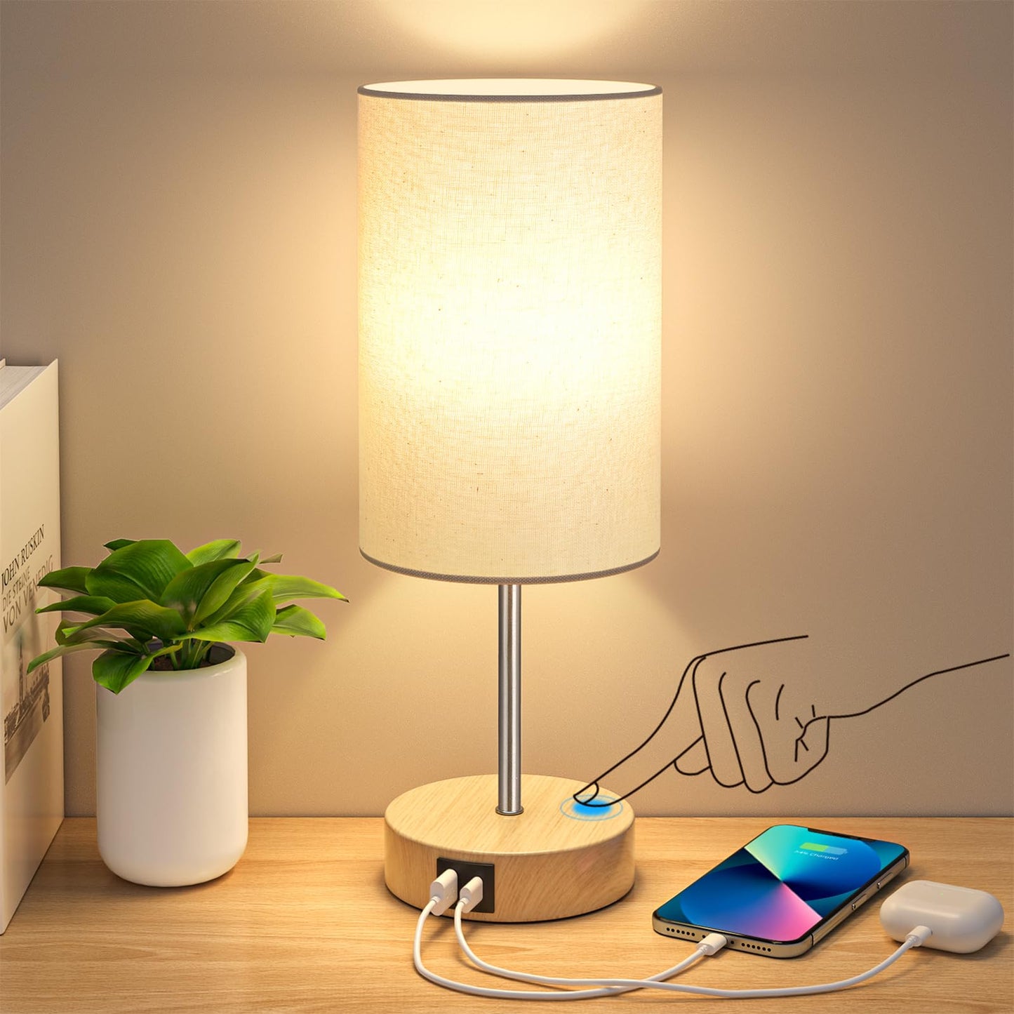 Table Lamp for Bedroom, 3 Way Dimmable Touch Lamp with Dual Charging Station