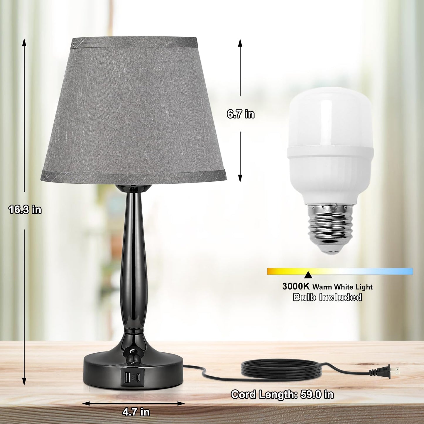 Touch Table Lamp for Bedroom, Small Bedside Lamp with USB C Charging Port