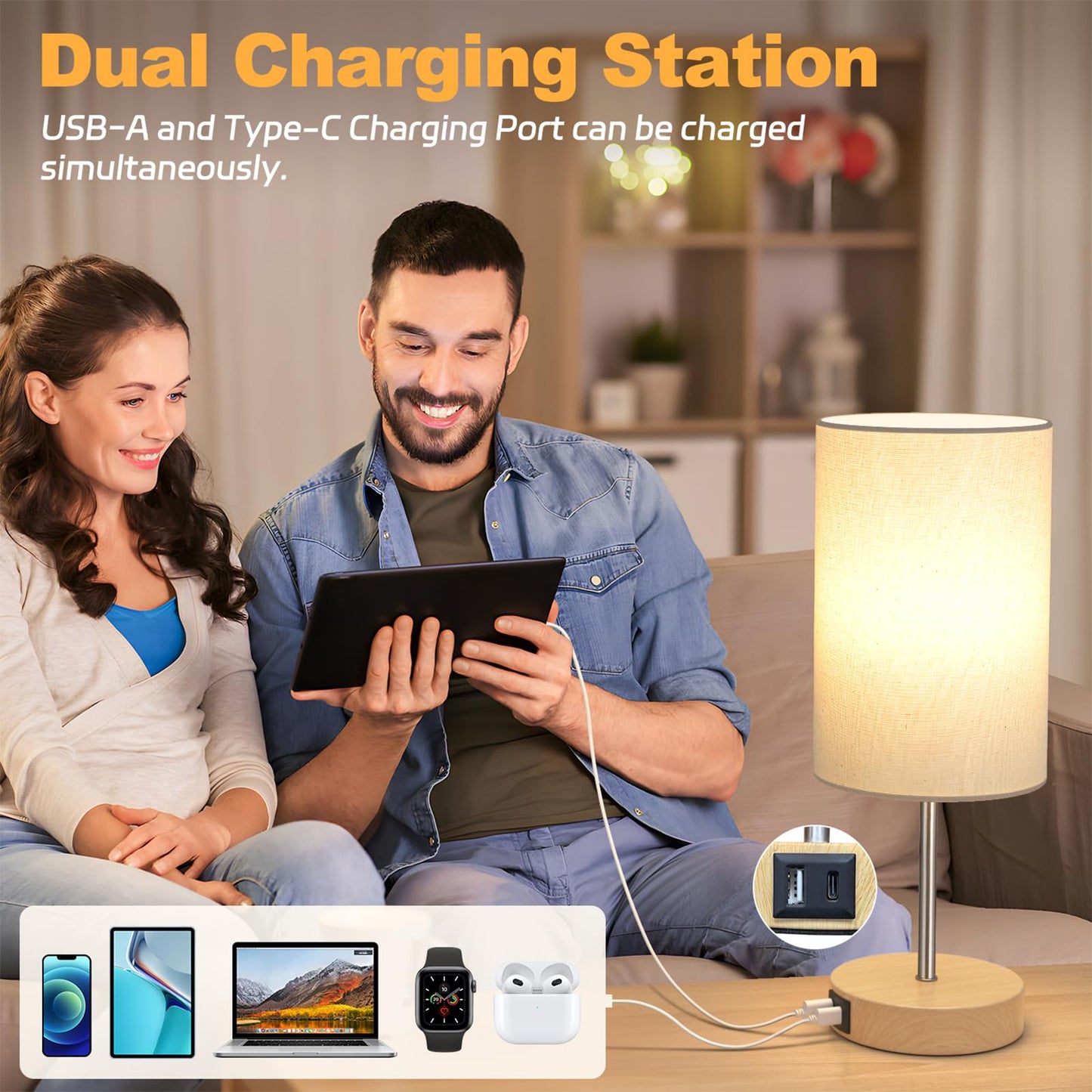 Table Lamp for Bedroom, 3 Way Dimmable Touch Lamp with Dual Charging Station