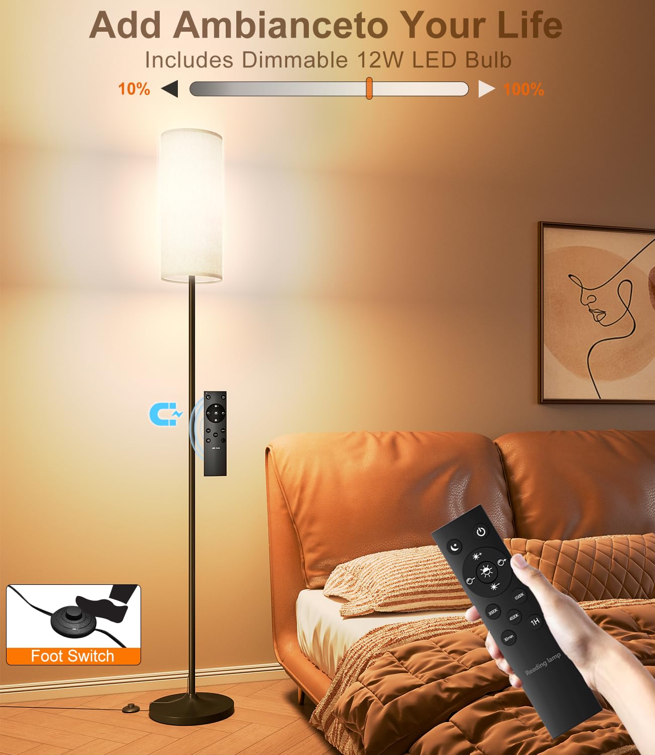 LED Floor Lamp for Living Room, Dimmable Standing Lamps with Foot Switch, Remote Custom Color