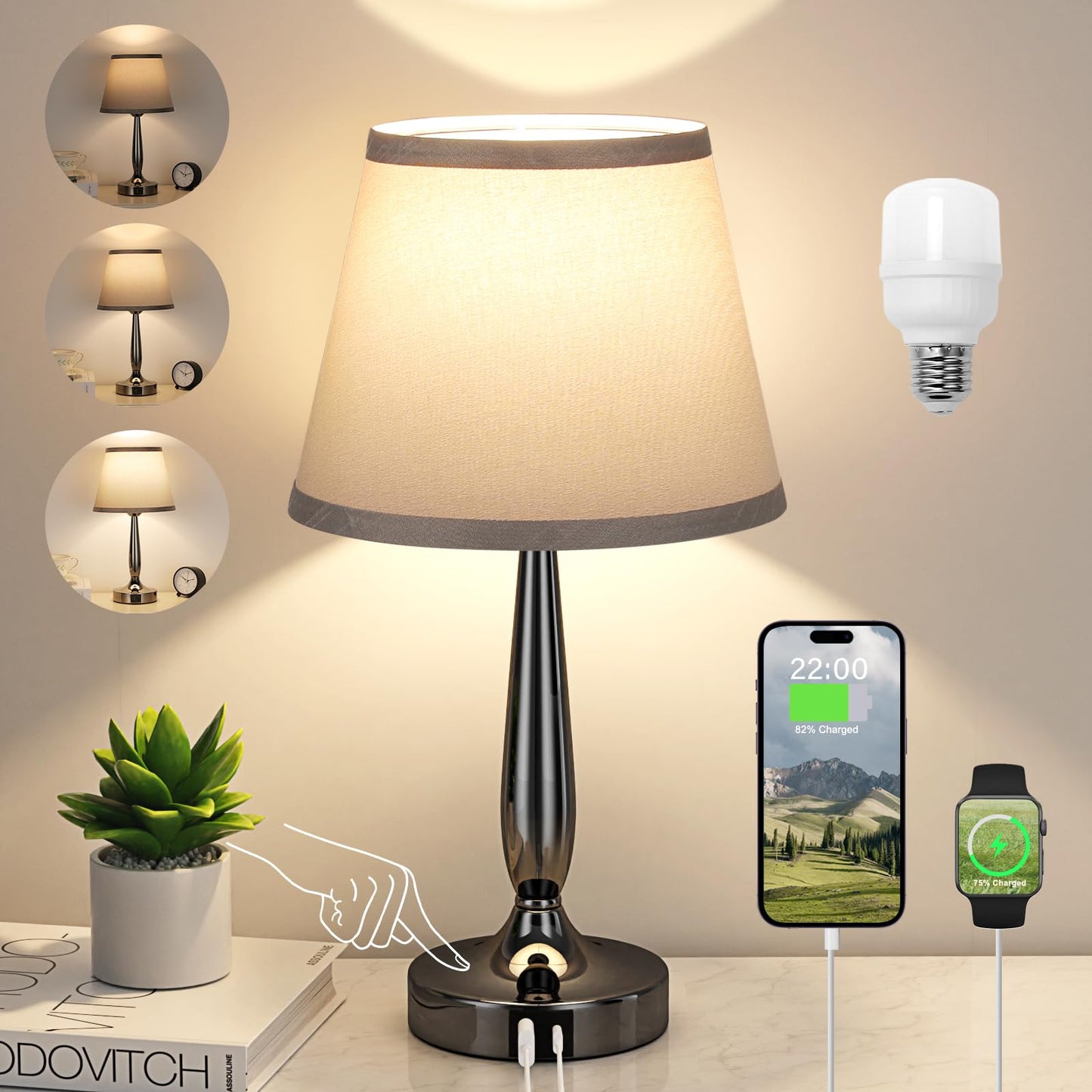 Touch Table Lamp for Bedroom, Small Bedside Lamp with USB C Charging Port