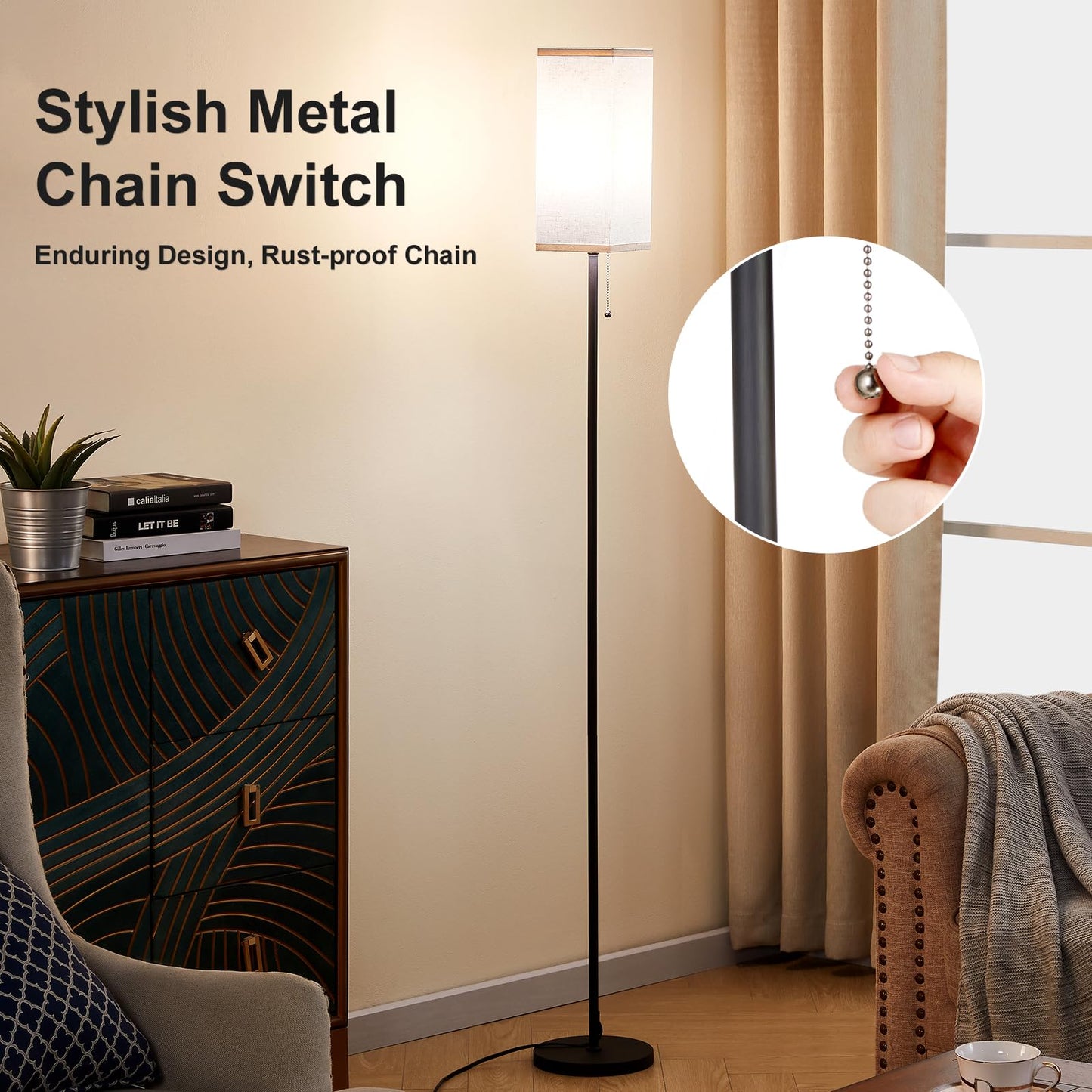 Tall Floor Lamp with Linen Shade 3 Color Temperature Black LED Bulbs