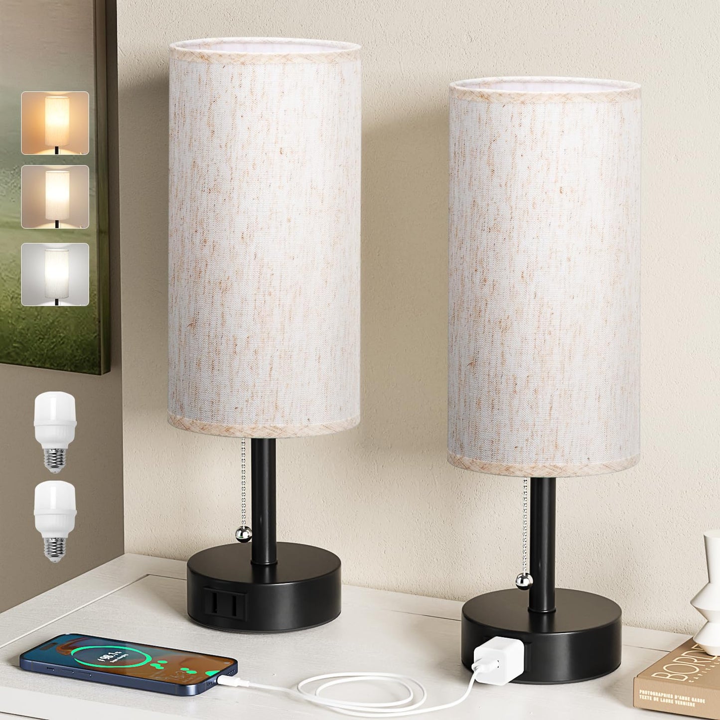 Bedside Table Lamps Set Pull Chain Lamp with AC Outlet Charging Port