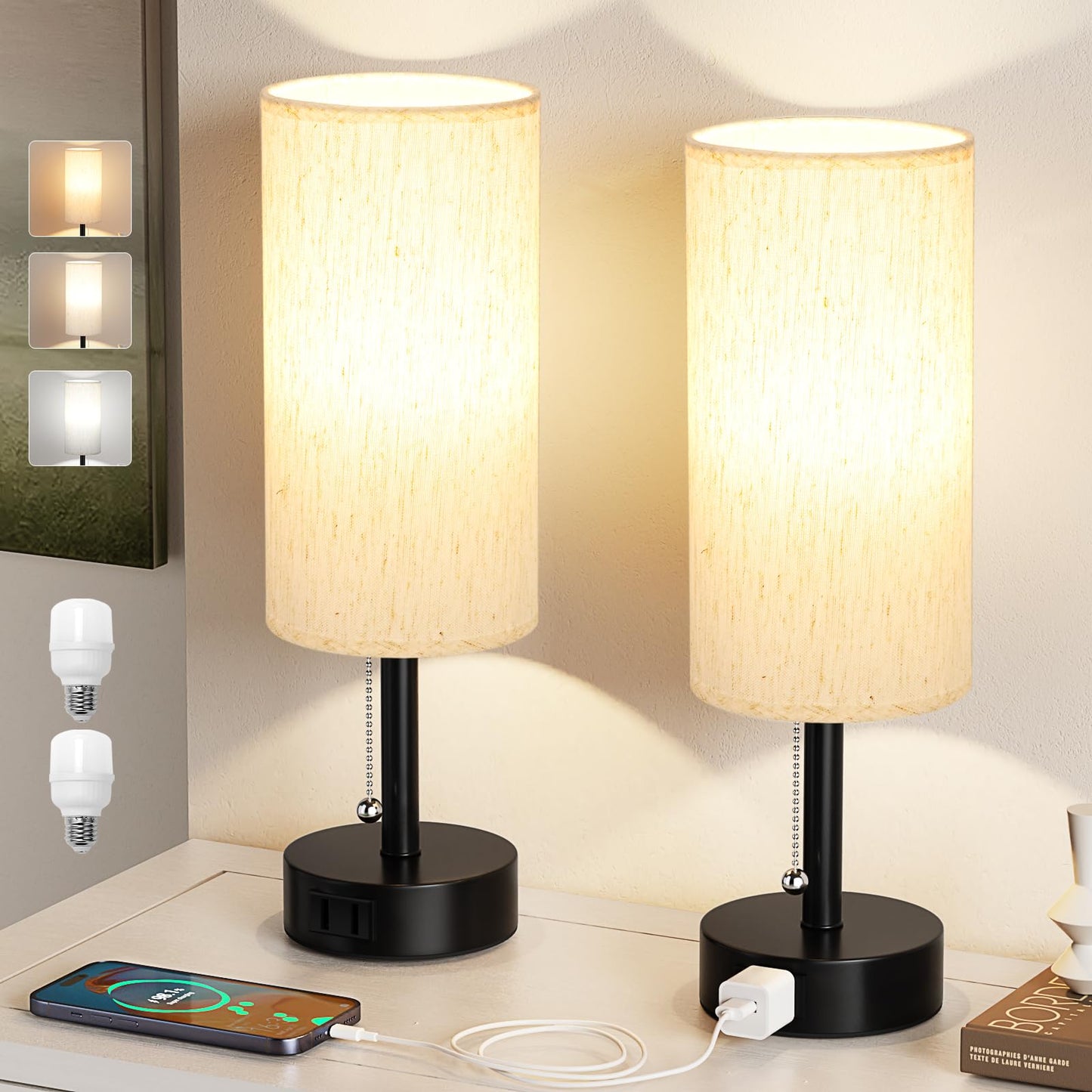 Bedside Table Lamps Set Pull Chain Lamp with AC Outlet Charging Port