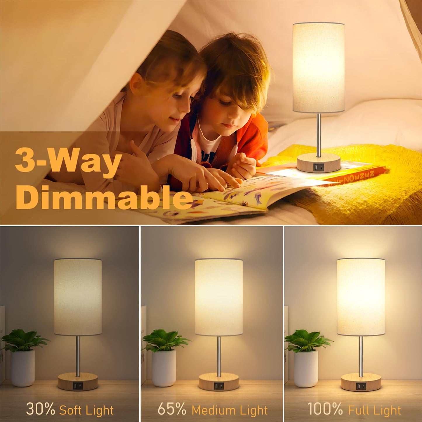 Table Lamp for Bedroom, 3 Way Dimmable Touch Lamp with Dual Charging Station