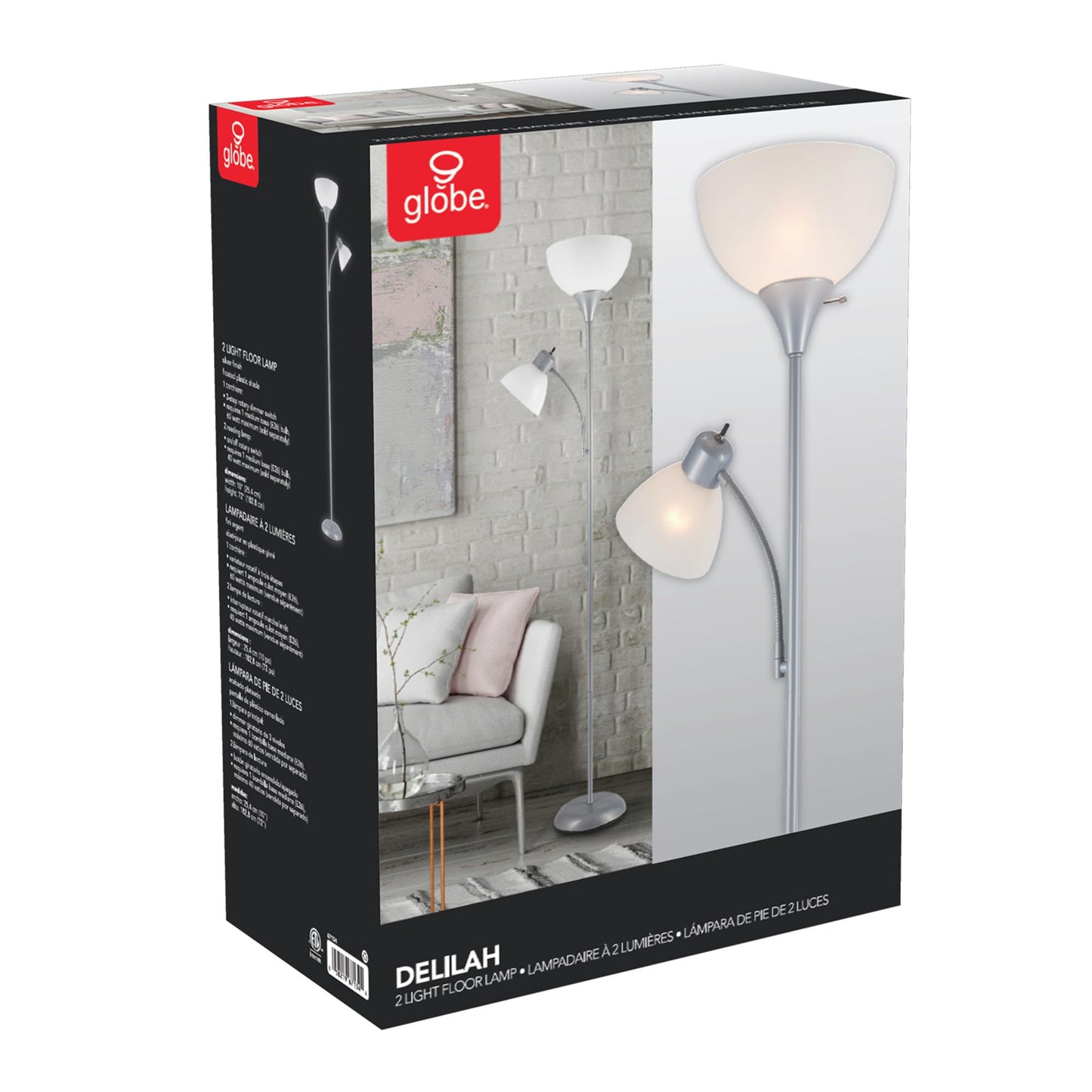 Globe Electric 67134 72" Torchiere Floor Lamp + Adjustable Reading Light, Silver, Frosted Plastic Shade, 3-Step Rotary Switch on Socket