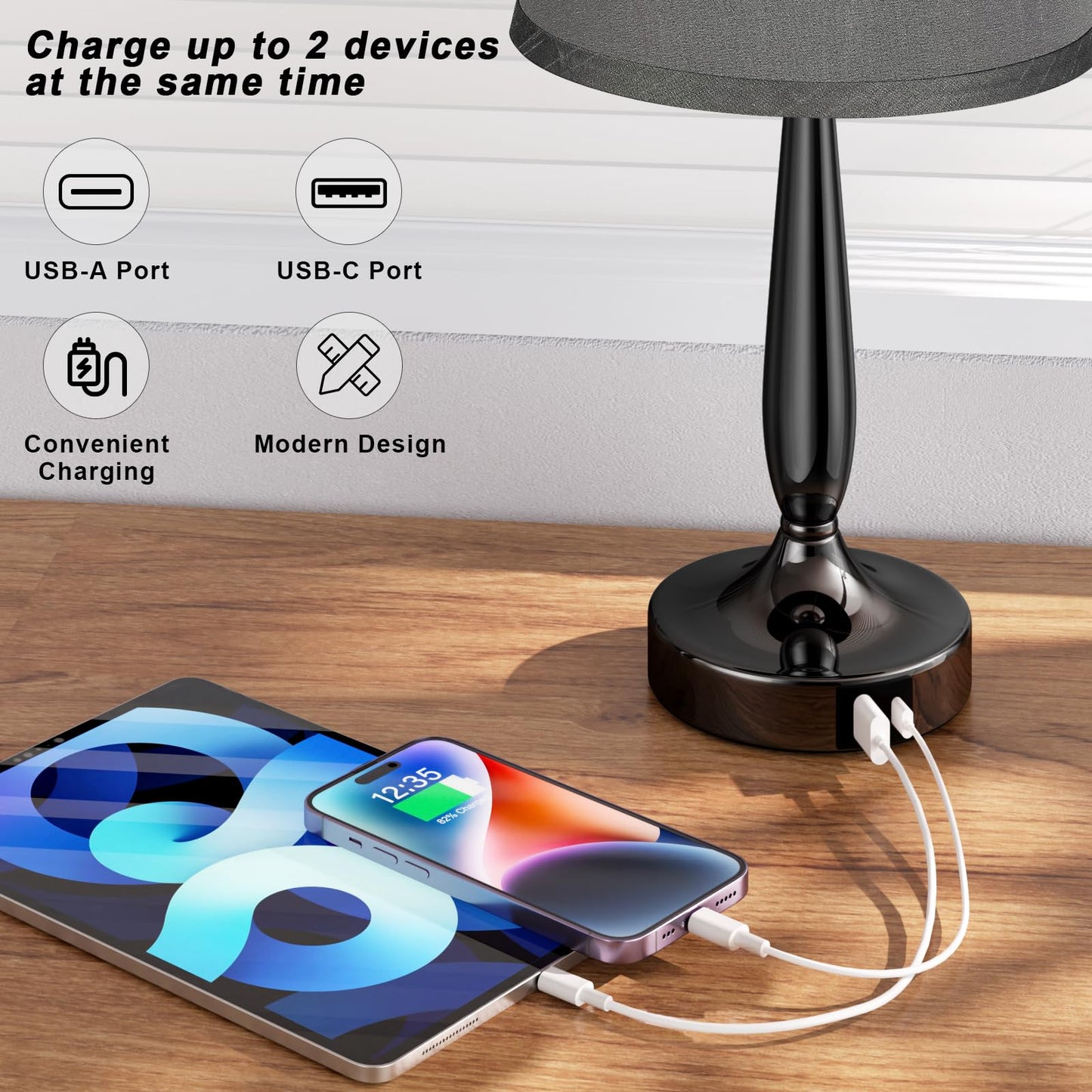 Touch Table Lamp for Bedroom, Small Bedside Lamp with USB C Charging Port