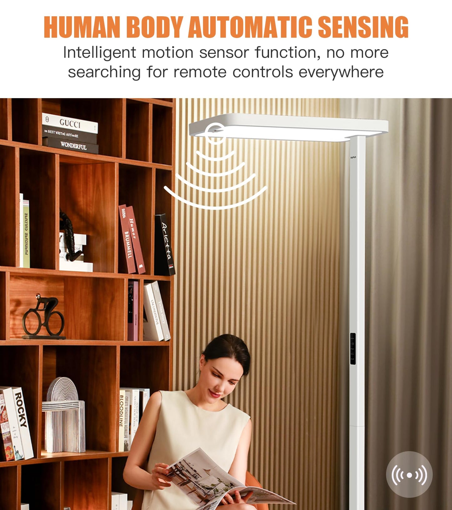 PalFish Motion Sensor Floor Lamp - Modern 100W Full-Spectrum Standing Lamp for Bedroom